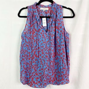 LOFT Blue Cherry Red Flower Print Sleeveless Ruffle Neck Top Sm NEW NWT